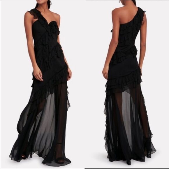 AMUR Harlow Silk One-Shoulder Ruffle & Sheer Maxi Dress Black 2 - Picture 7 of 16
